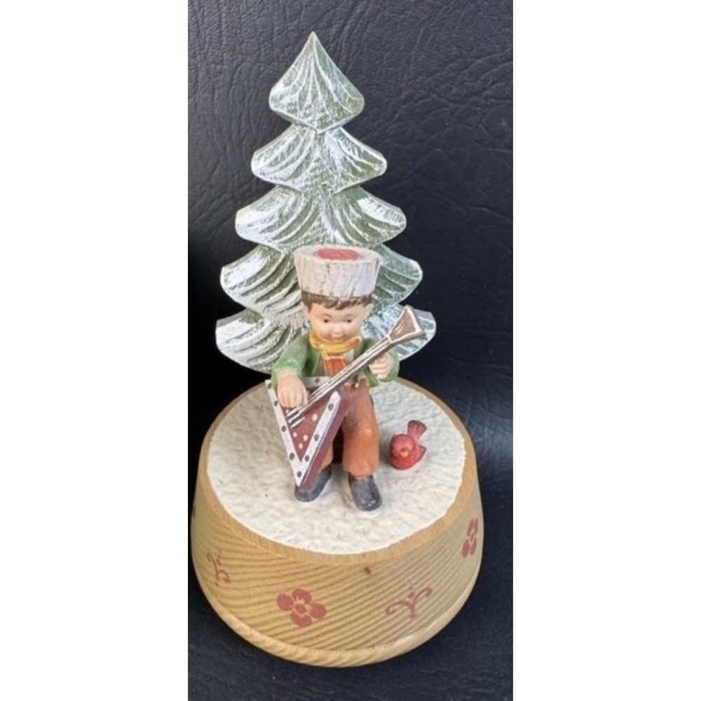 Vintage ANRI Wood Carved Music Box Lara's Theme Sledding Child Playing Guitar